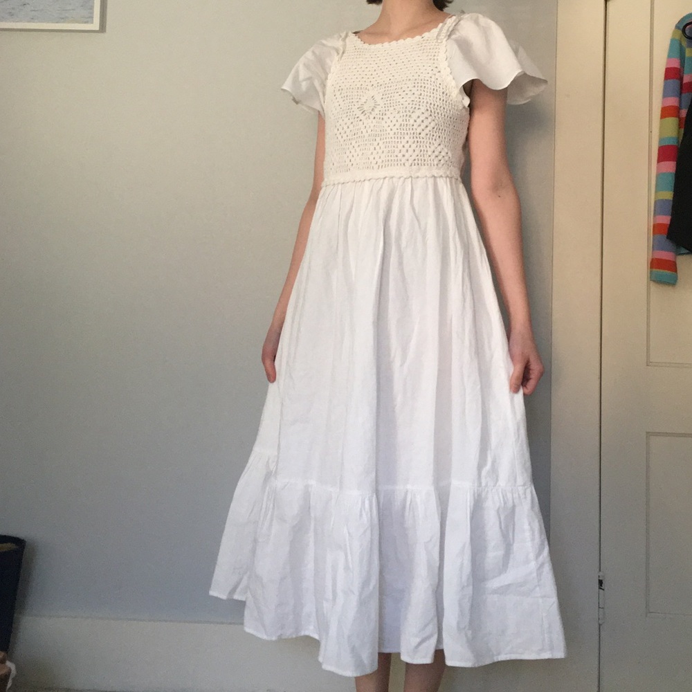NWT Zara White Linen Crochet Linen Open-Back Maxi Prairie Dress Size Large